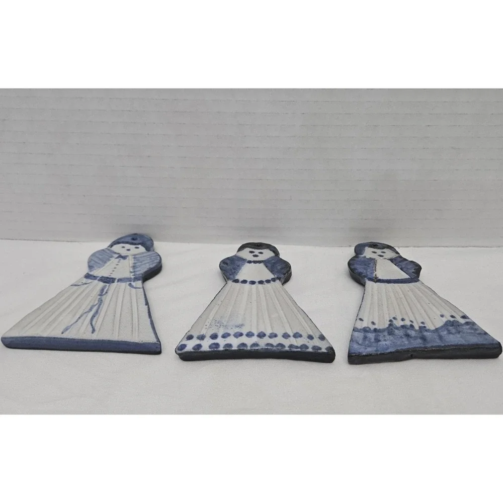 Vintage Blue & White Ceramic Wall Plaques - Set of 3 Folk Art Girl Ornaments 4